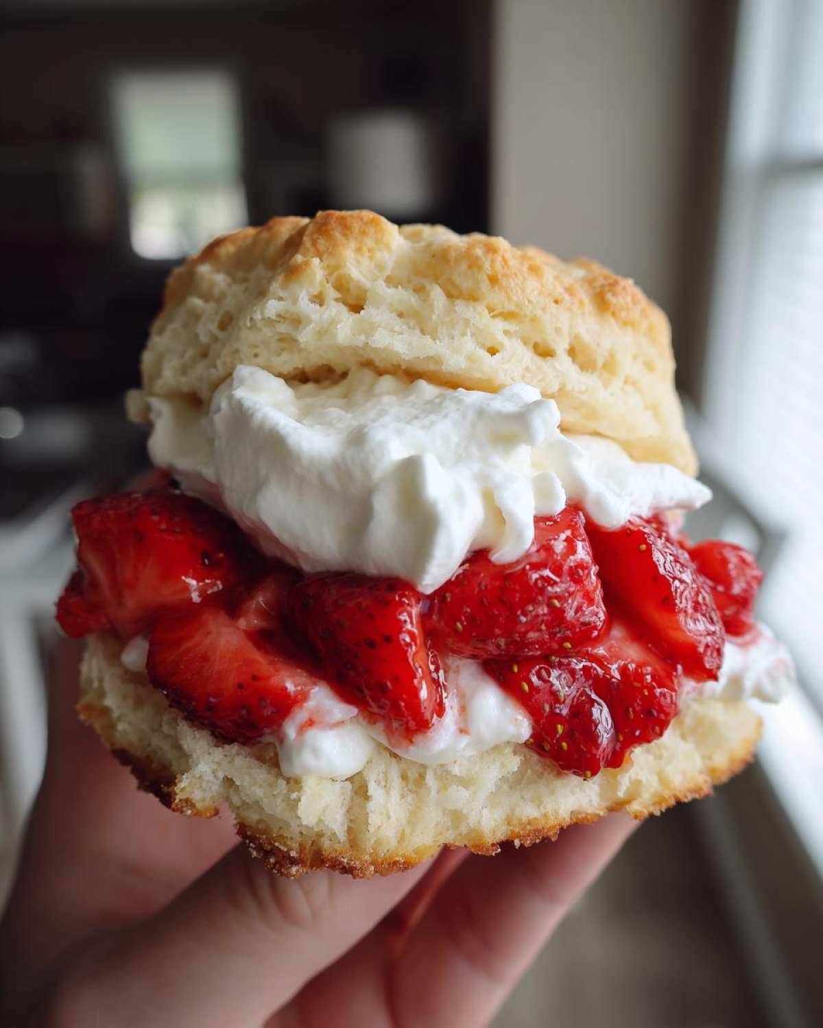 A hand holding a freshly assembled Gluten-Free Strawberry Shortcake Biscuits filled with macerated strawberries and whipped cream.