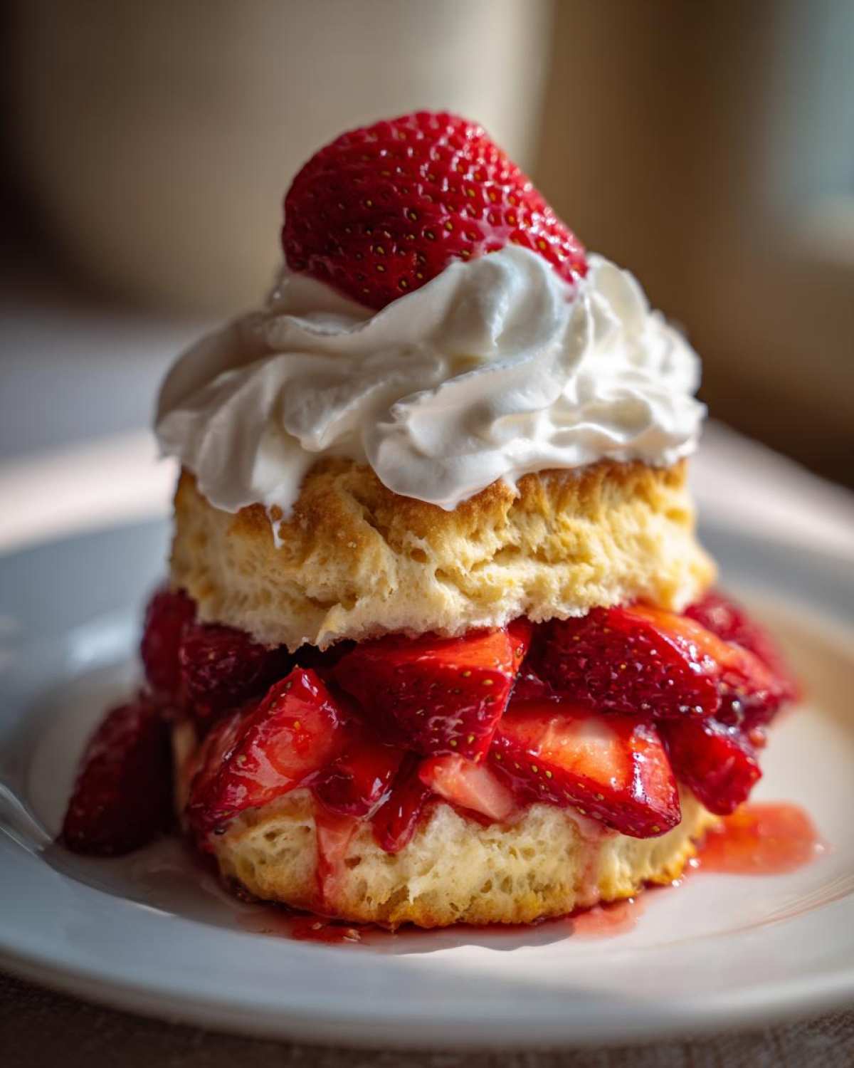 A perfectly stacked Gluten-Free Strawberry Shortcake Biscuits filled with macerated strawberries and topped with whipped cream and a fresh strawberry.