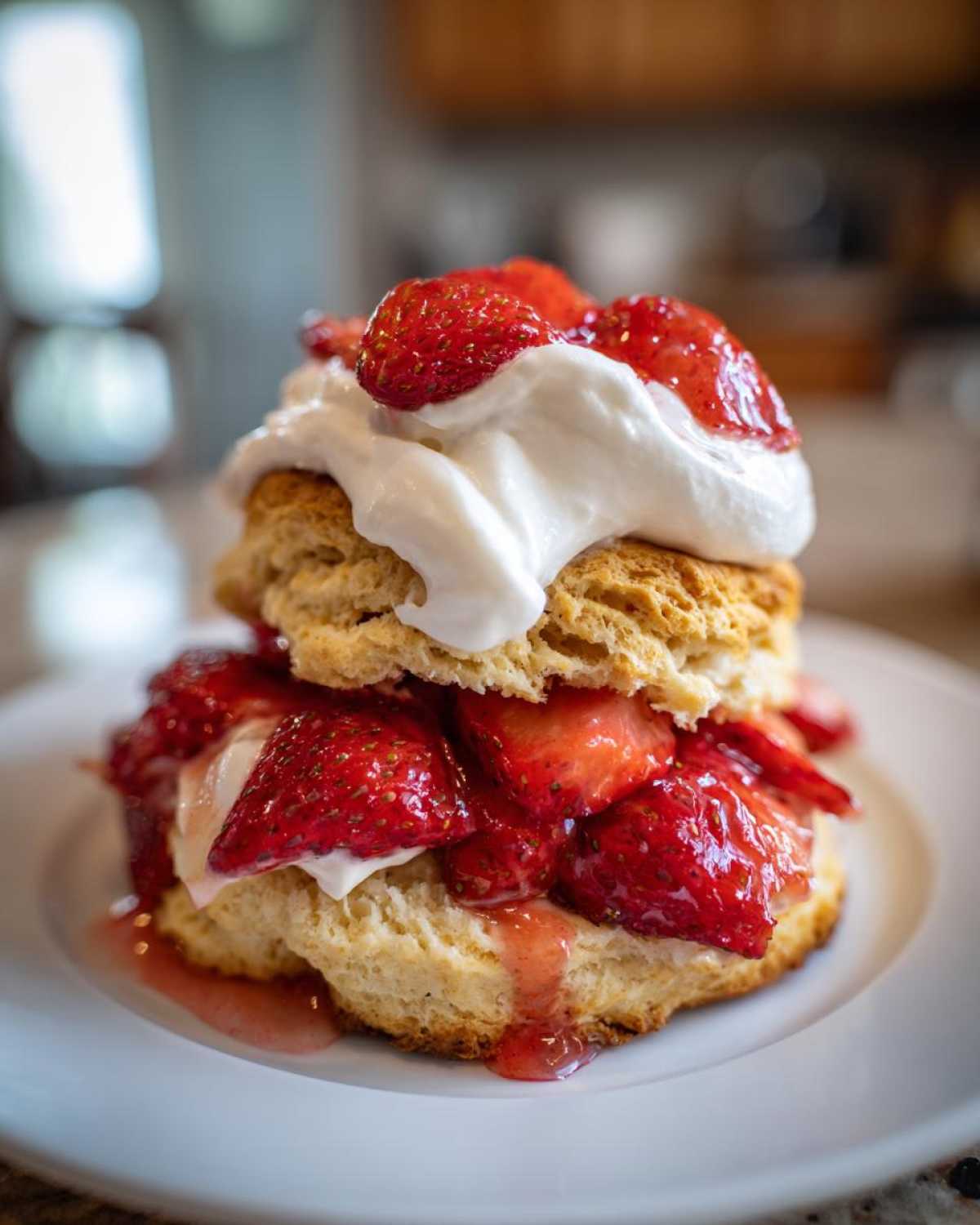 A close-up of a stacked Gluten-Free Strawberry Shortcake Biscuits topped with macerated strawberries and whipped cream.