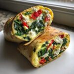 A High-Protein Egg White Breakfast Wrap cut in half, revealing egg whites, spinach, feta, and red peppers inside a toasted tortilla.