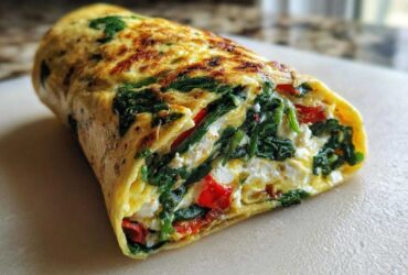 Close-up of a delicious High-Protein Egg White Breakfast Wrap filled with spinach, feta cheese, and red peppers.