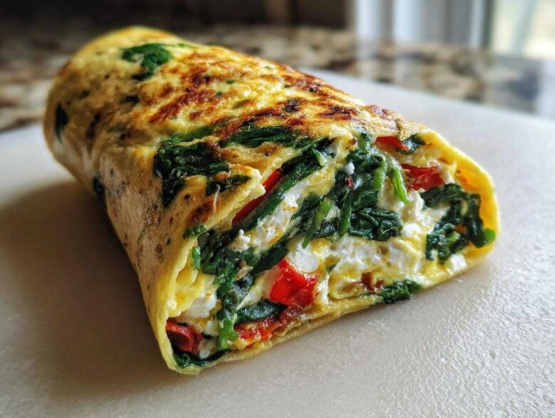 Close-up of a delicious High-Protein Egg White Breakfast Wrap filled with spinach, feta cheese, and red peppers.