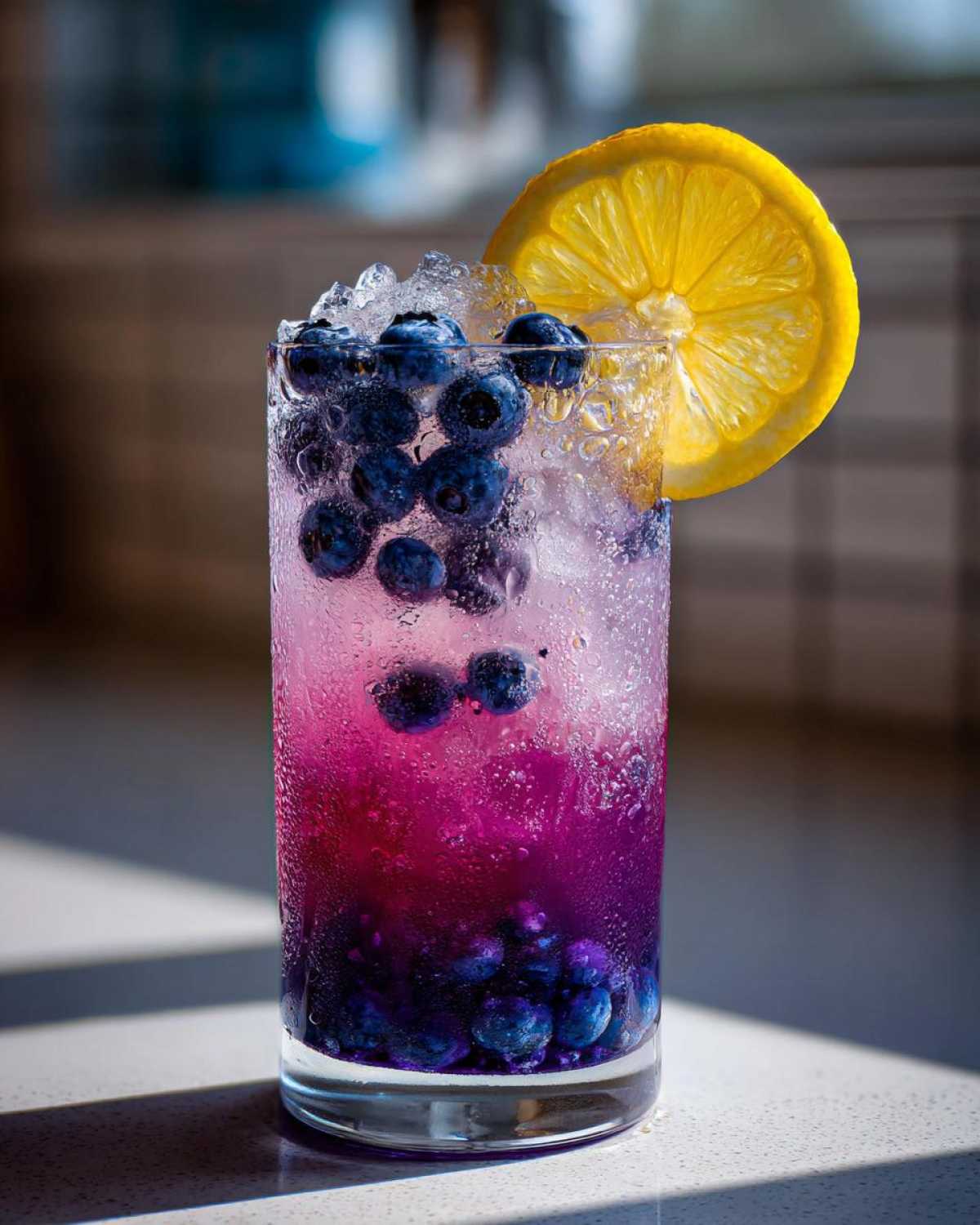 Close-up of a tall glass filled with Iced Blueberry Lavender Lemonade, showing purple layers, fresh blueberries, and a lemon slice.