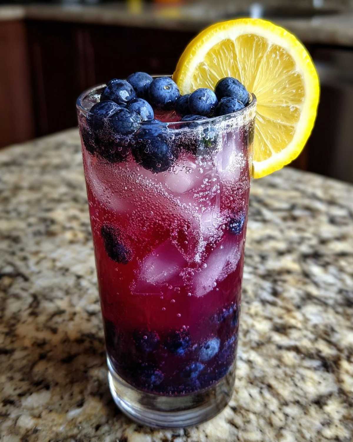 Close-up of a tall glass filled with Iced Blueberry Lavender Lemonade, ice, blueberries, and a lemon slice garnish.