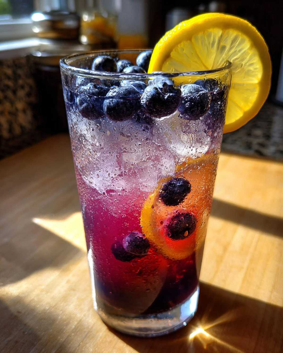 A tall, sweating glass filled with Iced Blueberry Lavender Lemonade, garnished with fresh blueberries and a lemon slice.