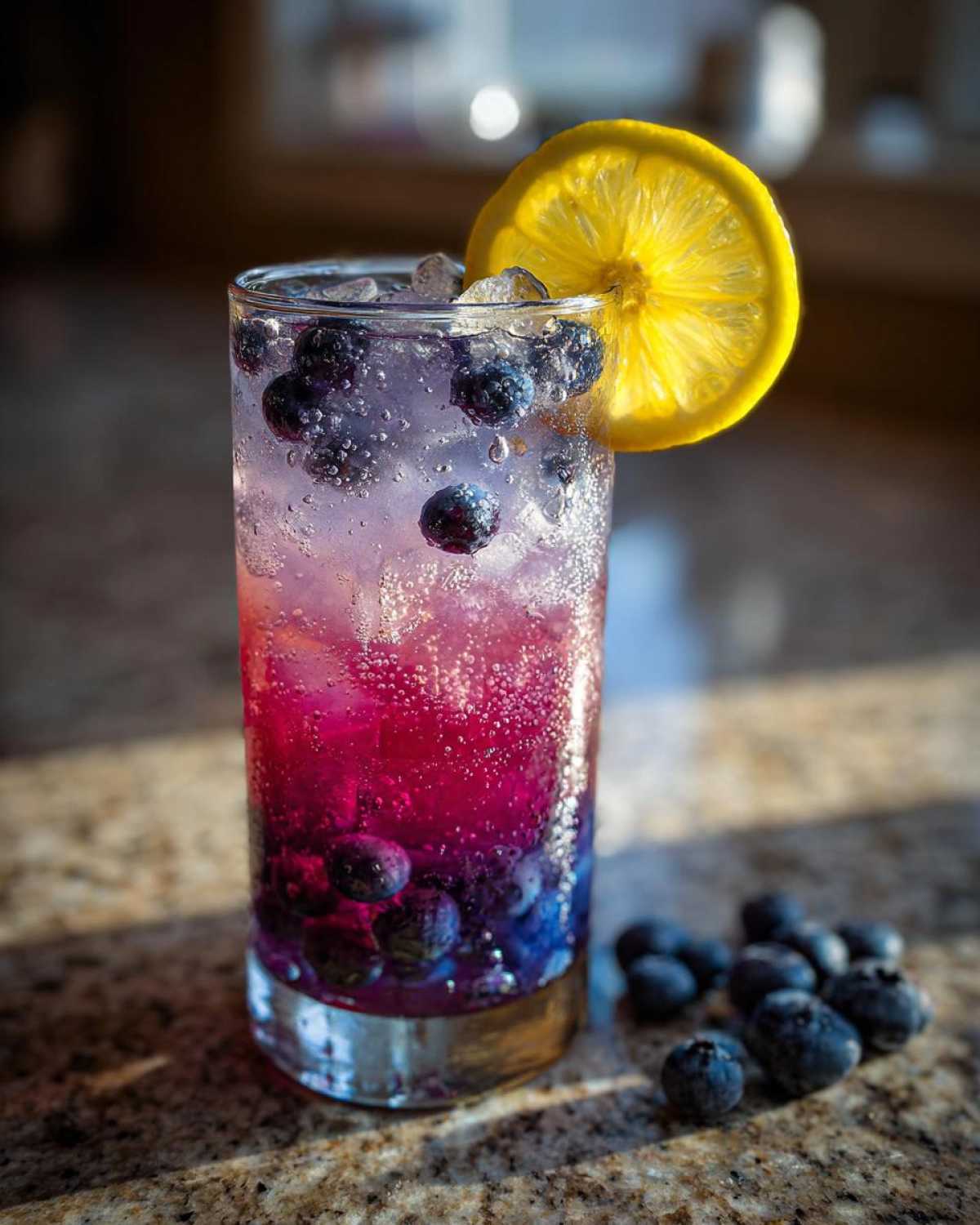 A tall glass of vibrant Iced Blueberry Lavender Lemonade with ice, floating blueberries, and a lemon slice garnish.