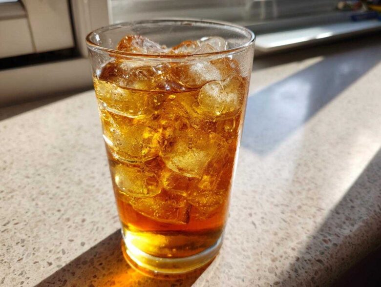 A tall glass filled with amber-colored Iced Peach Green Tea and many ice cubes, sitting in bright sunlight.