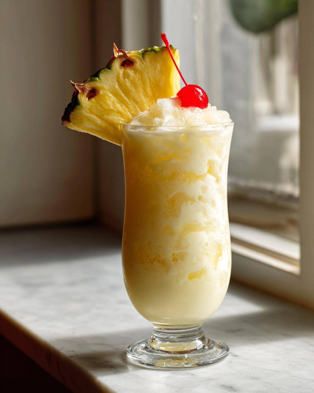 A tall glass filled with a blended, frosty Iced Pineapple Coconut Mocktail, garnished with a pineapple wedge and a maraschino cherry.
