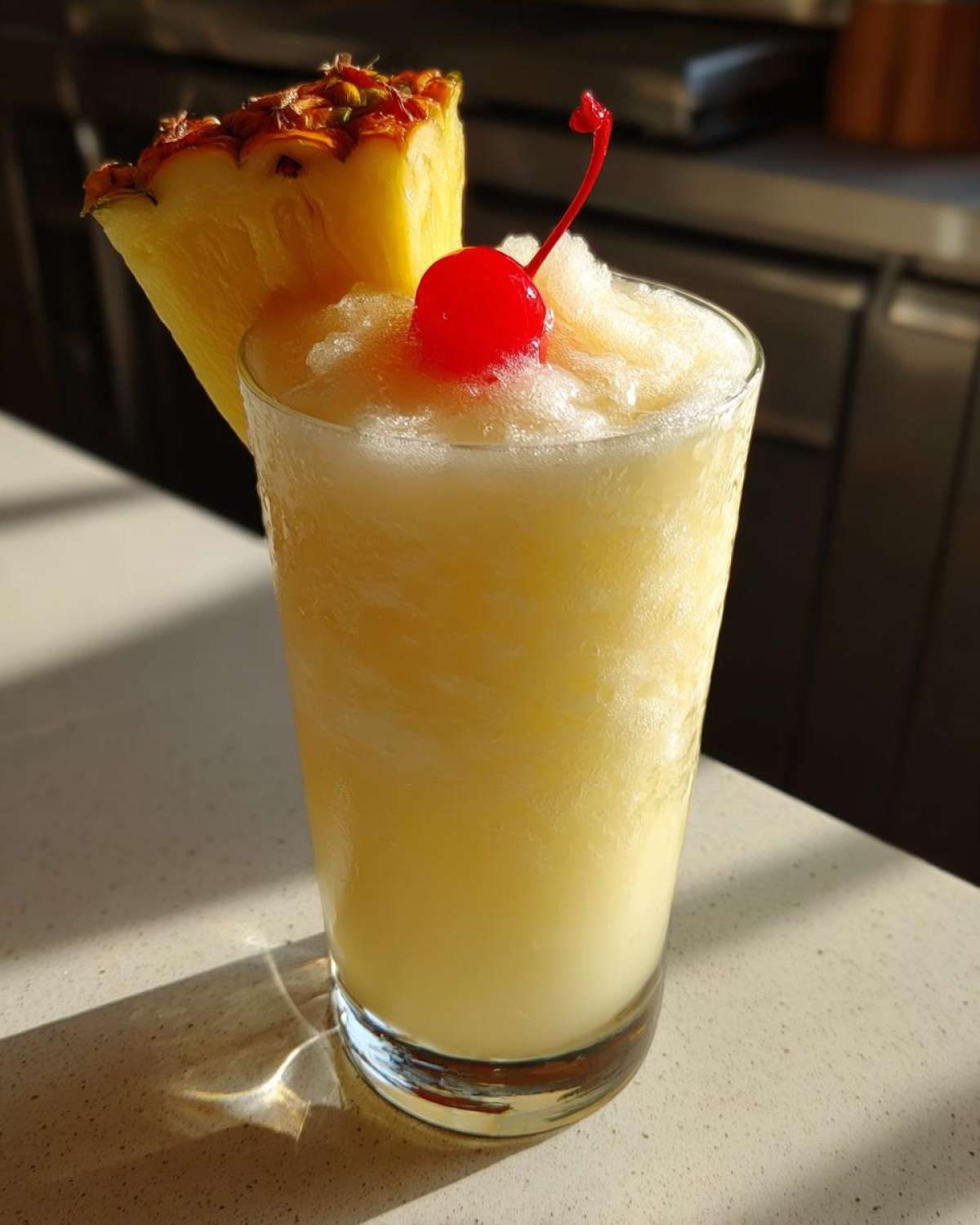 A tall glass filled with a blended Iced Pineapple Coconut Mocktail, garnished with a pineapple wedge and a maraschino cherry.