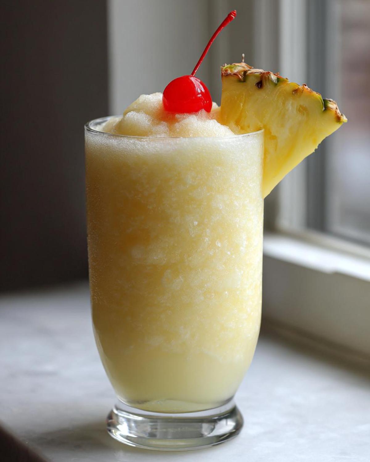 A tall glass filled with a frosty Iced Pineapple Coconut Mocktail, garnished with a pineapple wedge and a maraschino cherry.