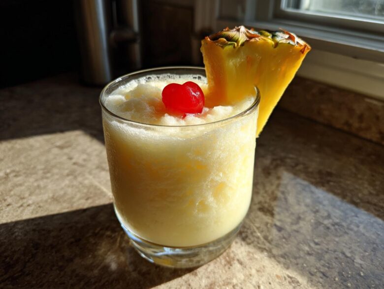 A frosty glass of Iced Pineapple Coconut Mocktail garnished with a maraschino cherry and pineapple wedge.