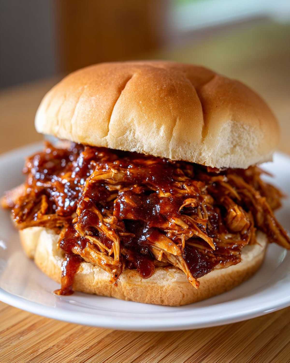 A close-up of a delicious Instant Pot BBQ Pulled Chicken Sandwich piled high on a soft bun.