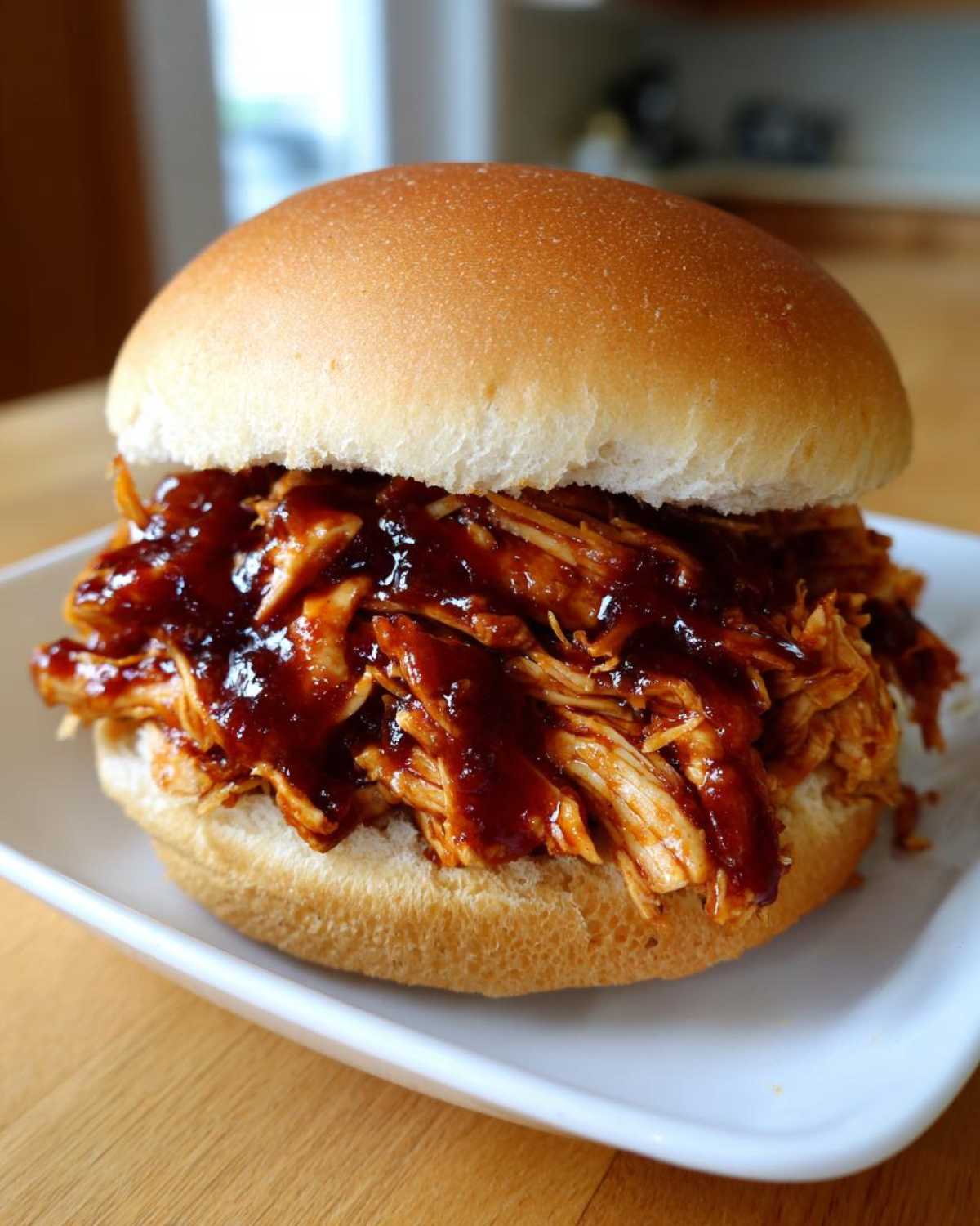 A close-up of a juicy Instant Pot BBQ Pulled Chicken Sandwich piled high on a soft bun with rich BBQ sauce.