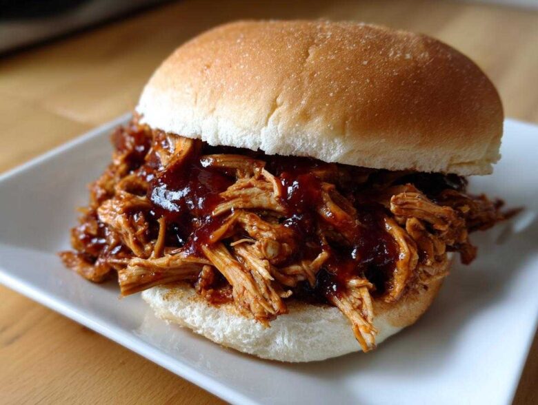 A close-up of a juicy Instant Pot BBQ Pulled Chicken Sandwich piled high on a white plate.