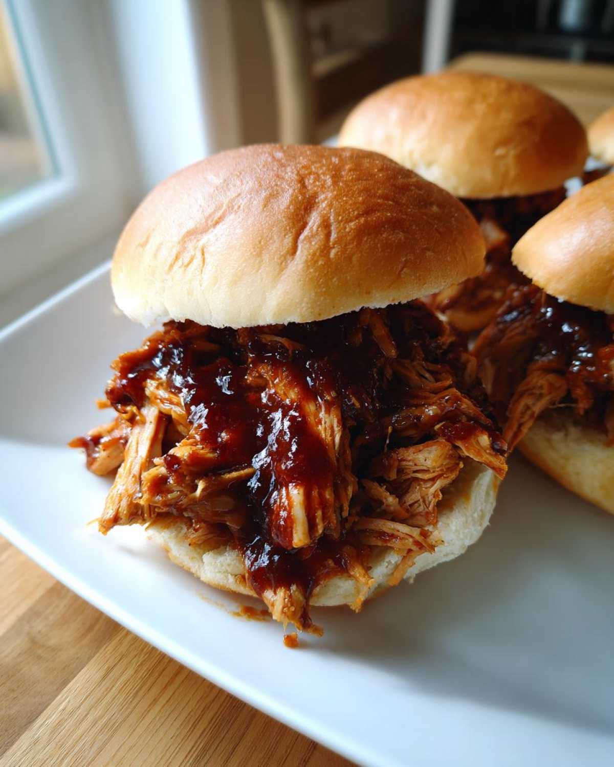 A close-up of a delicious Instant Pot BBQ Pulled Chicken Sandwich piled high on a soft bun.