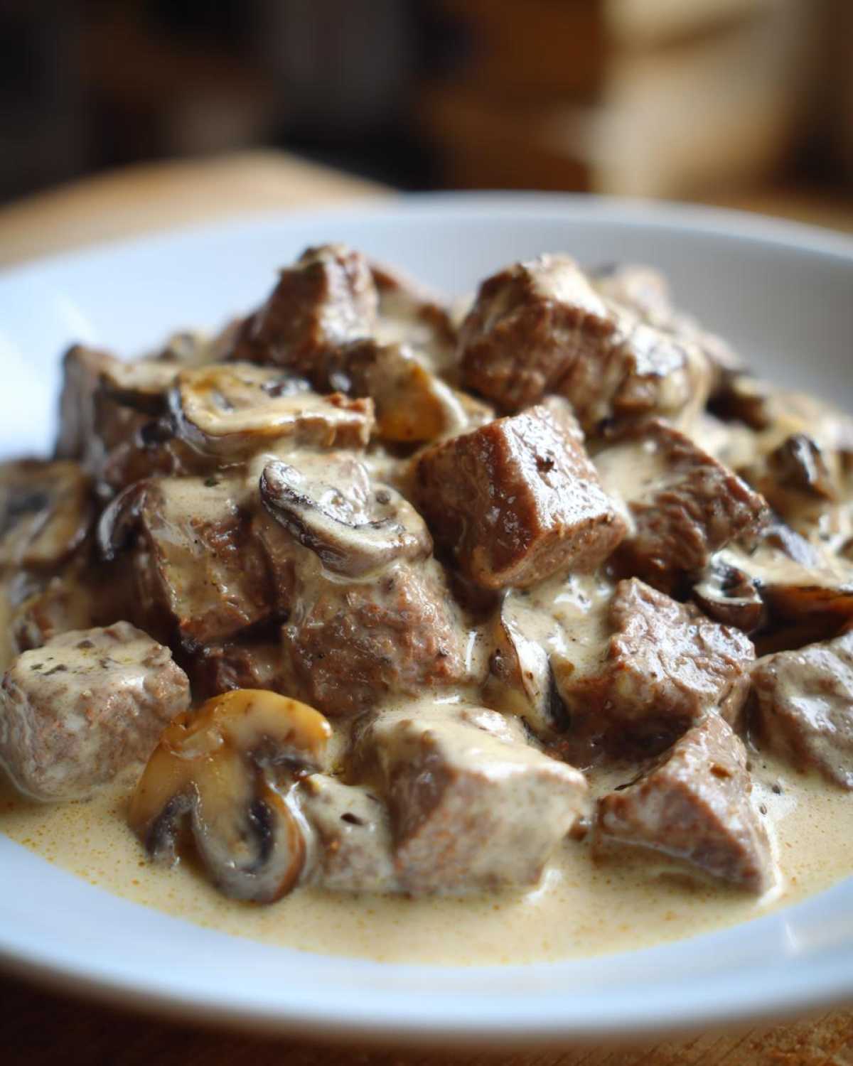 Close-up of tender beef chunks and sliced mushrooms coated in creamy sauce in Instant Pot Beef Stroganoff with Mushrooms.