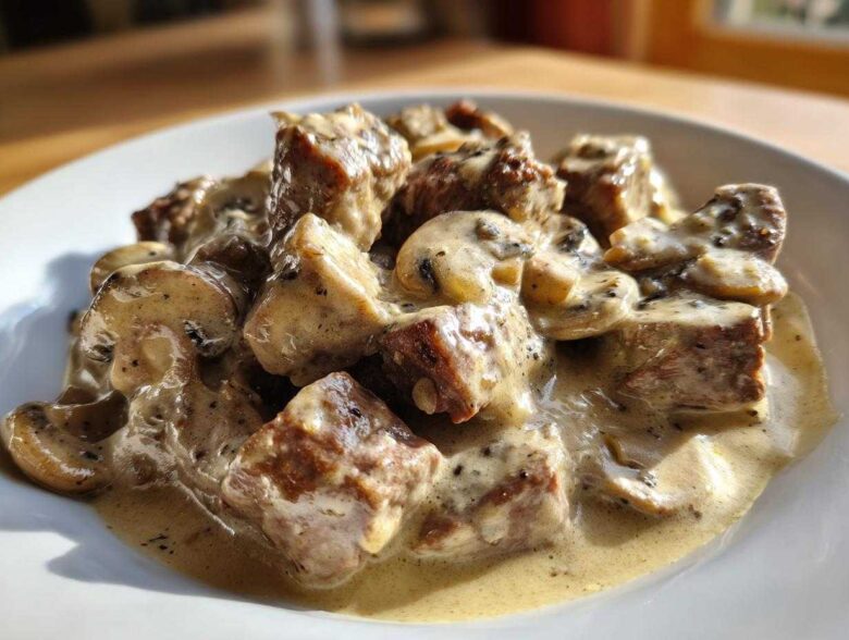 Close-up of tender beef cubes and sliced mushrooms coated in a creamy sauce for Instant Pot Beef Stroganoff with Mushrooms.