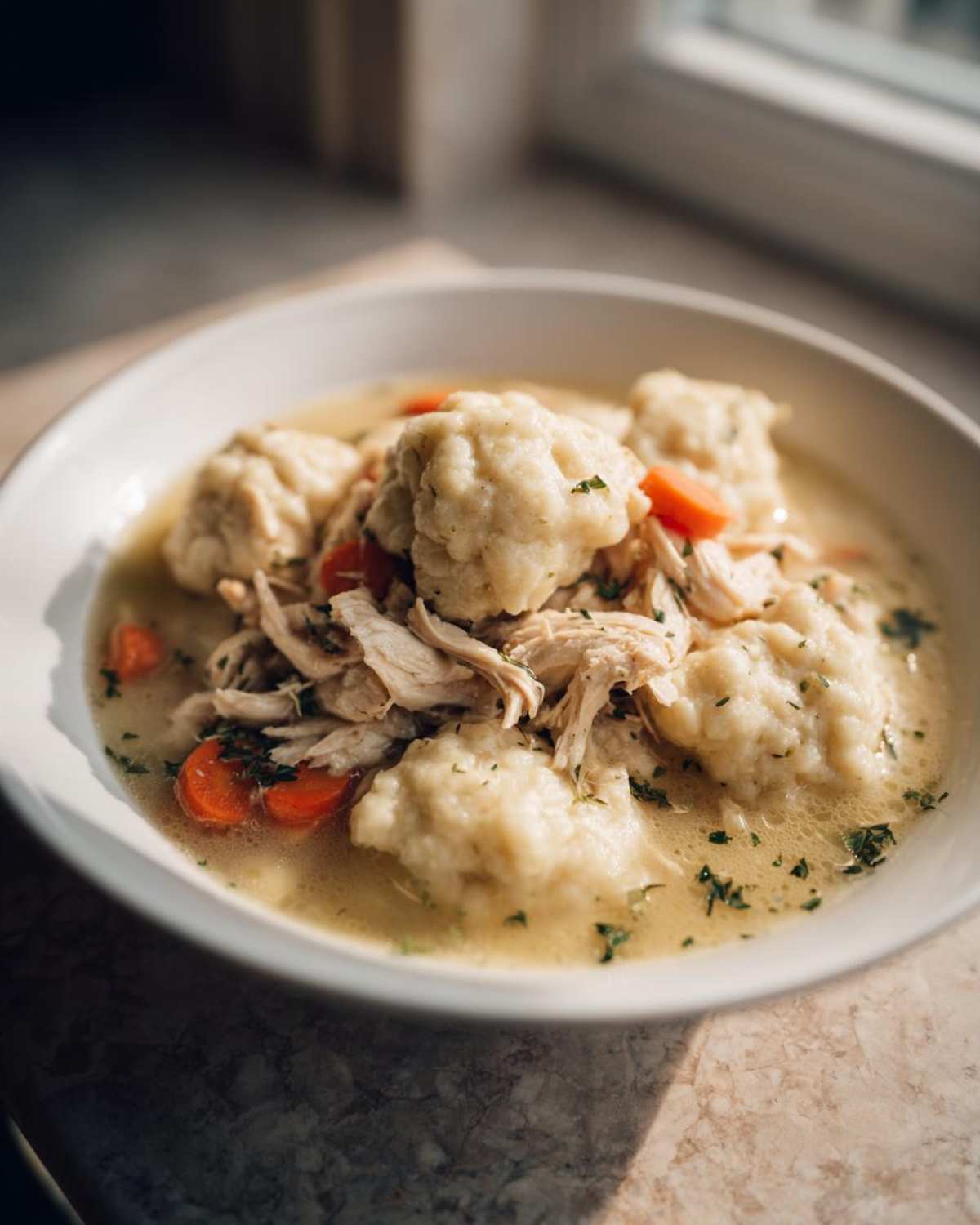 Close-up of a white bowl filled with creamy Instant Pot Chicken and Dumplings, featuring shredded chicken, sliced carrots, and herbs.