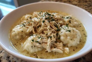 A close-up of a white bowl filled with creamy Instant Pot Chicken and Dumplings, topped with shredded chicken and parsley.
