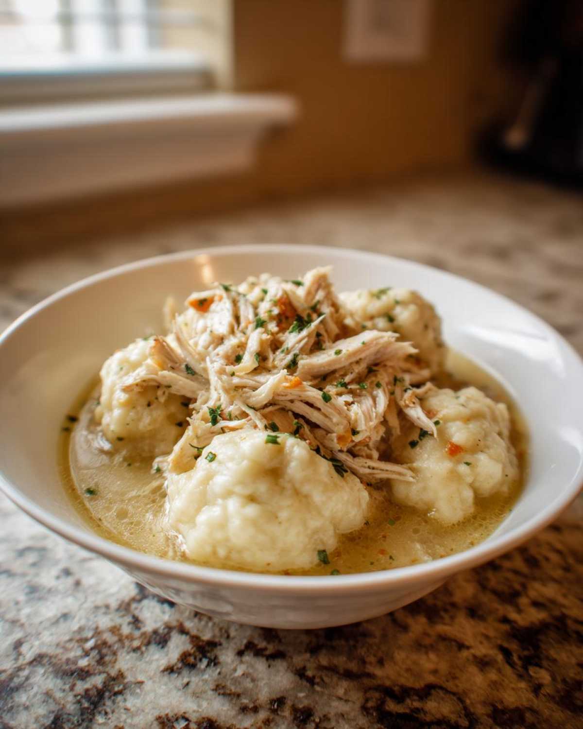 A close-up of a white bowl filled with rich broth, fluffy dumplings, and shredded chicken from Instant Pot Chicken and Dumplings.
