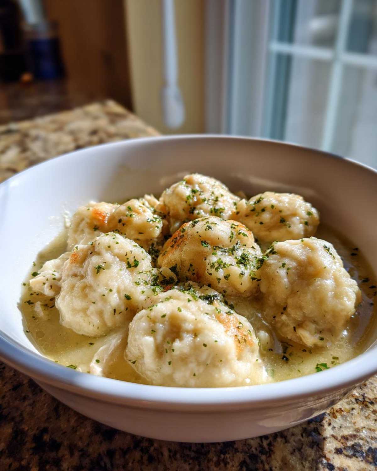A close-up of a white bowl filled with rich broth, tender chicken, and fluffy dumplings, garnished with parsley, representing Instant Pot Chicken and Dumplings.