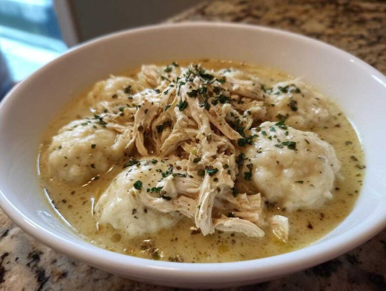 A close-up of a white bowl filled with creamy Instant Pot Chicken and Dumplings, topped with shredded chicken and parsley.