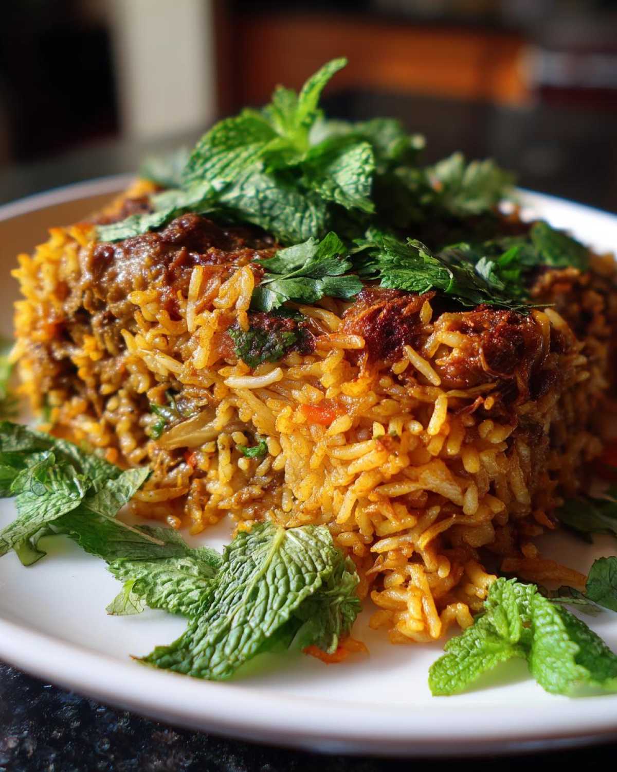 A serving of colorful Instant Pot Chicken Biryani, molded and topped generously with fresh mint and cilantro leaves.