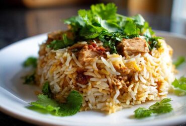 A serving of fluffy Instant Pot Chicken Biryani mounded on a white plate and topped with fresh cilantro.