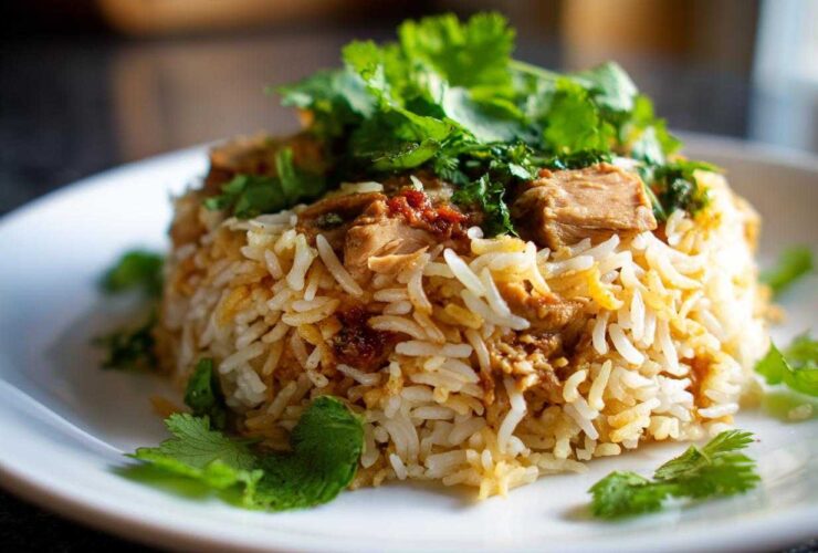 A serving of fluffy Instant Pot Chicken Biryani mounded on a white plate and topped with fresh cilantro.