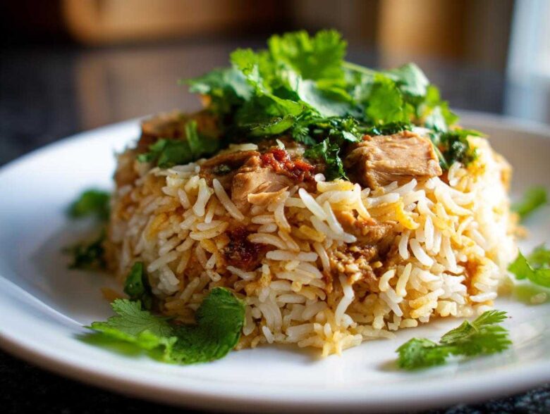 A serving of fluffy Instant Pot Chicken Biryani mounded on a white plate and topped with fresh cilantro.