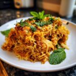 A close-up of a generous serving of vibrant, spiced Instant Pot Chicken Biryani garnished with fresh mint and cilantro.