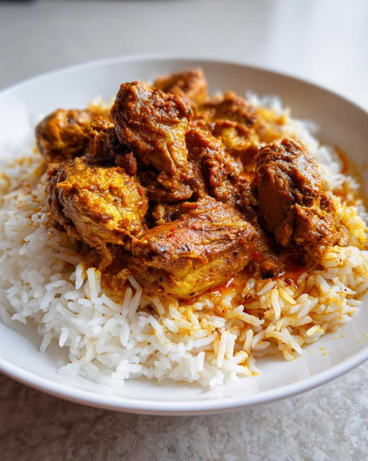 Close-up of tender chicken pieces coated in rich spices served over fluffy white rice in a white bowl, representing Instant Pot Chicken Shawarma Rice.