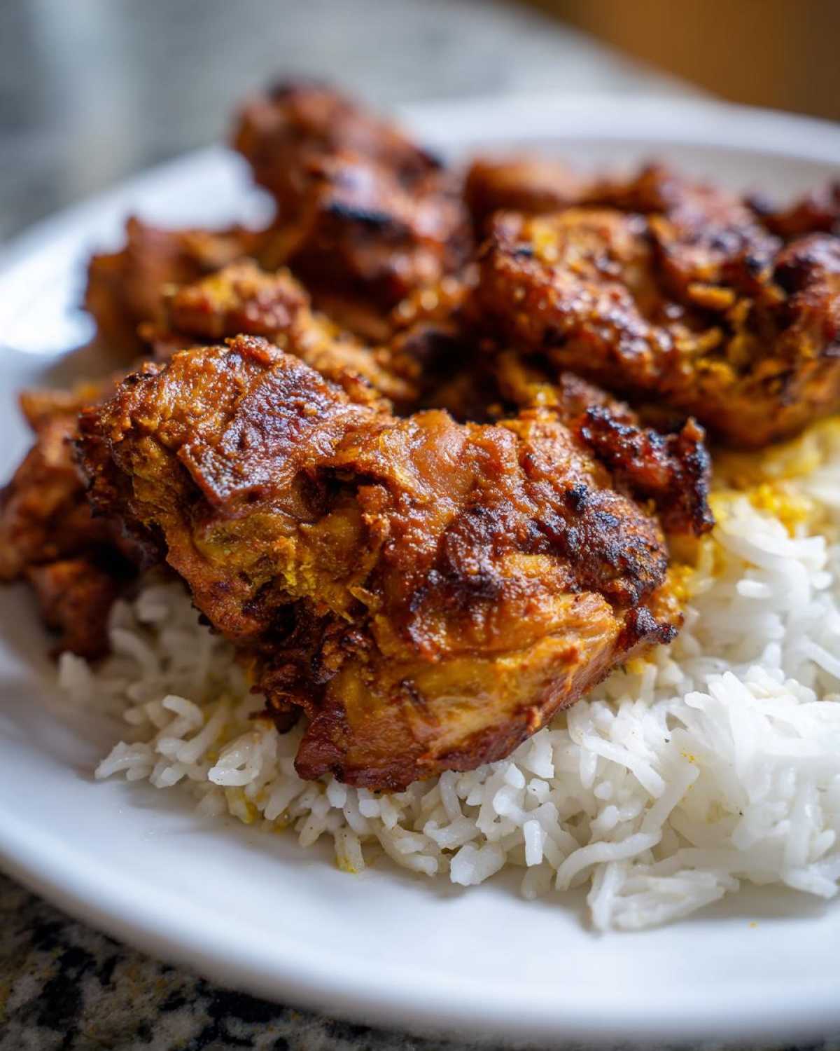 Close-up of seasoned, browned chicken pieces served over fluffy white rice, representing Instant Pot Chicken Shawarma Rice.