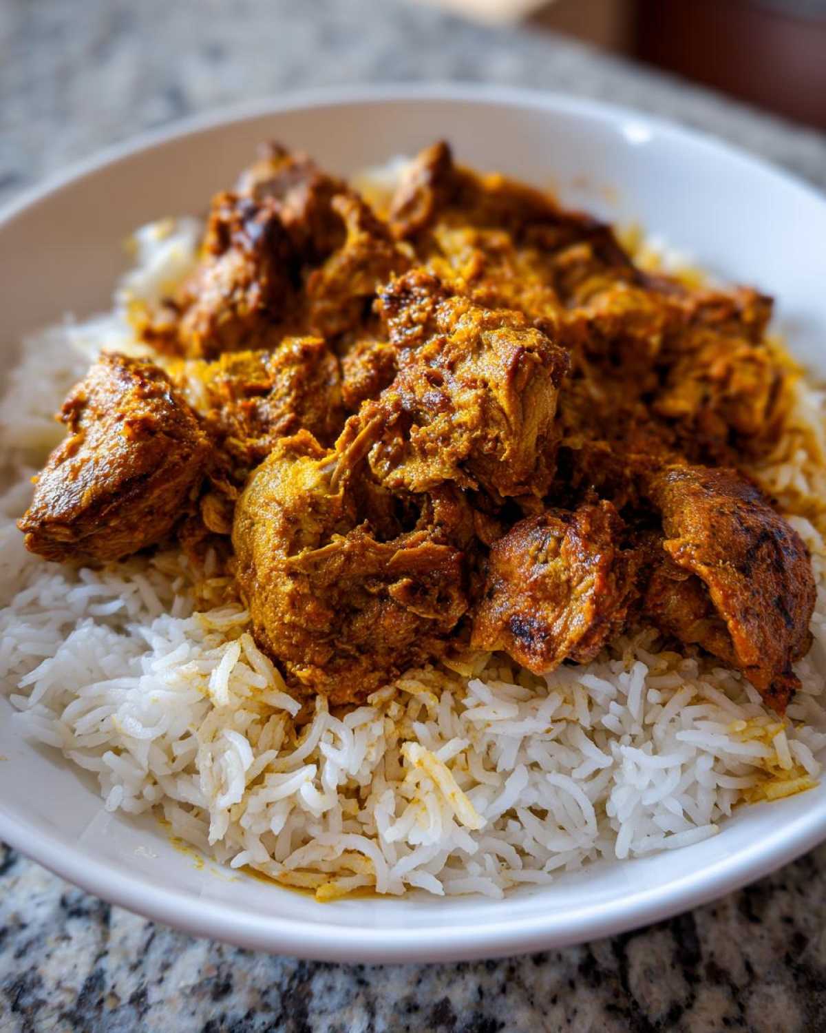 Close-up of seasoned chicken pieces served over fluffy white rice in a white bowl, showcasing the Instant Pot Chicken Shawarma Rice.