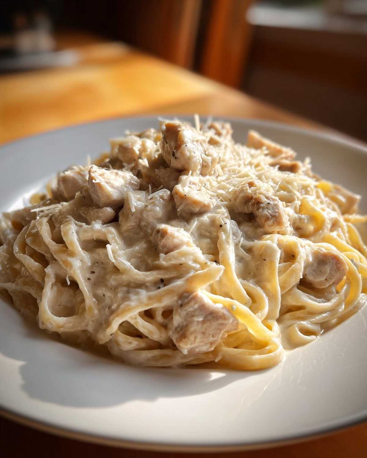 Close-up of a plate piled high with Instant Pot Creamy Chicken Alfredo Pasta, topped with shredded Parmesan.