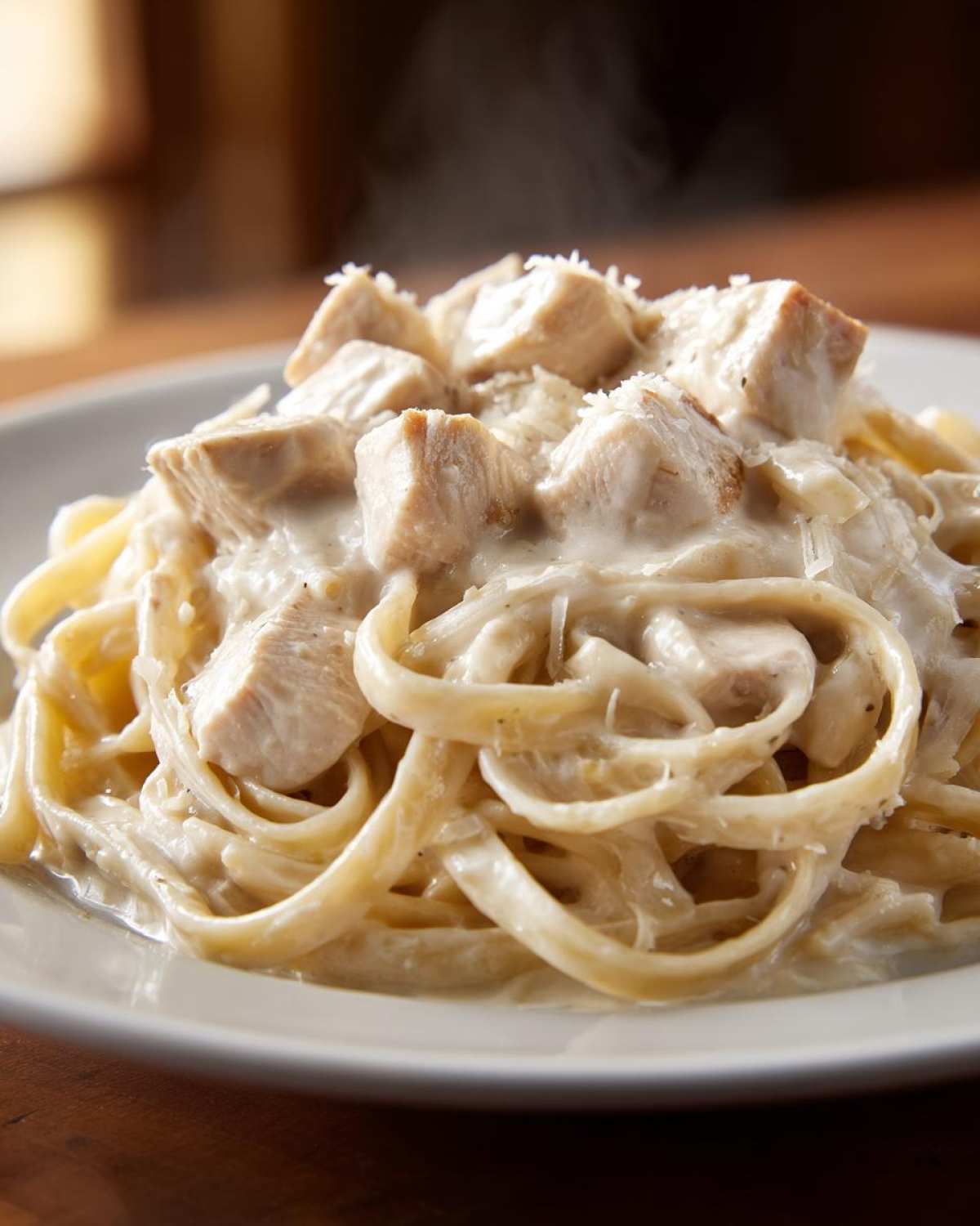 Close-up of steaming Instant Pot Creamy Chicken Alfredo Pasta topped with chunks of chicken and Parmesan cheese.