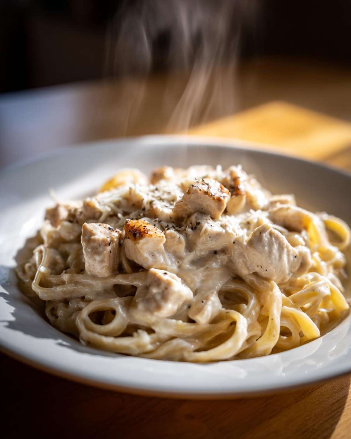 Close-up of hot Instant Pot Creamy Chicken Alfredo Pasta with steam rising from the fettuccine and chicken.