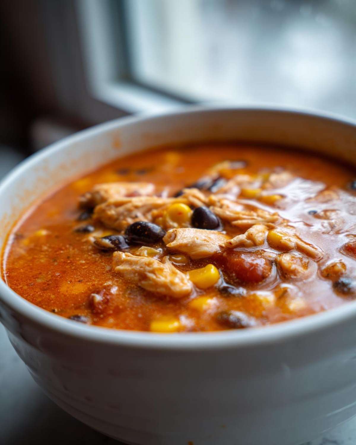 Close-up of a white bowl filled with rich, orange broth Instant Pot Creamy Chicken Taco Soup, featuring shredded chicken, black beans, and corn.