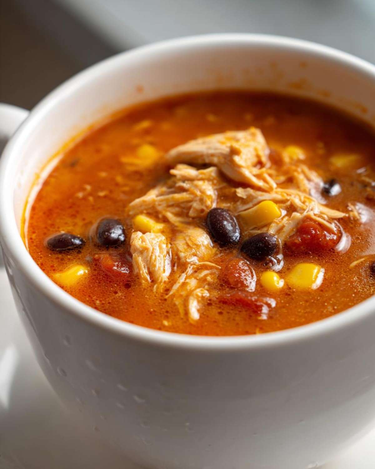 A close-up of Instant Pot Creamy Chicken Taco Soup in a white bowl, showing shredded chicken, black beans, and corn in a rich broth.