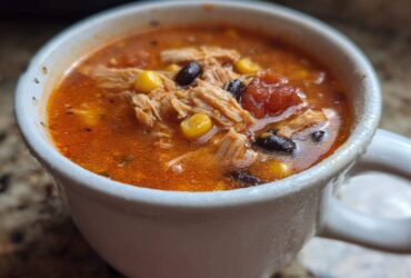 Close-up of a white mug filled with steaming Instant Pot Creamy Chicken Taco Soup, showing shredded chicken, corn, and black beans.