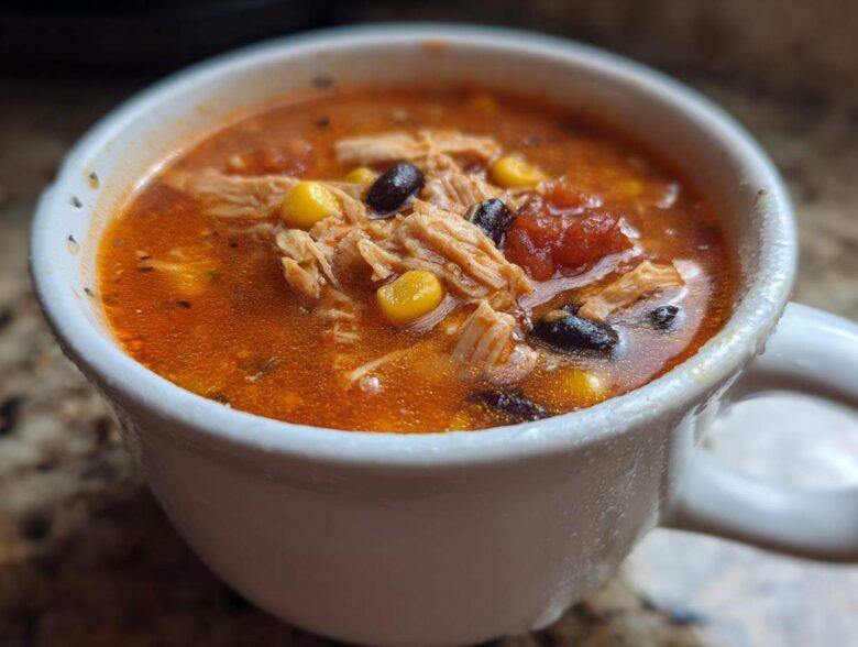 Close-up of a white mug filled with steaming Instant Pot Creamy Chicken Taco Soup, showing shredded chicken, corn, and black beans.