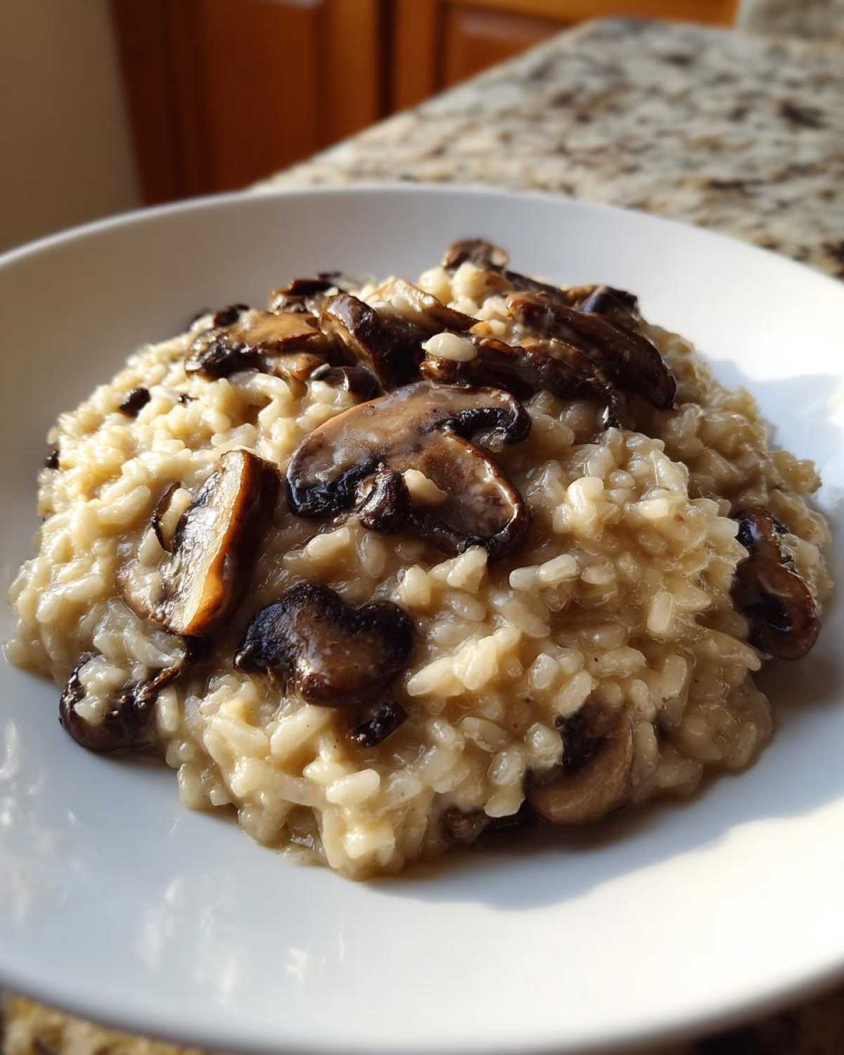 A serving of creamy Instant Pot Creamy Mushroom Risotto topped with sautéed brown mushrooms on a white plate.