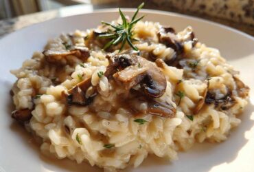 Close-up of creamy Instant Pot Creamy Mushroom Risotto topped with sautéed mushrooms and rosemary.