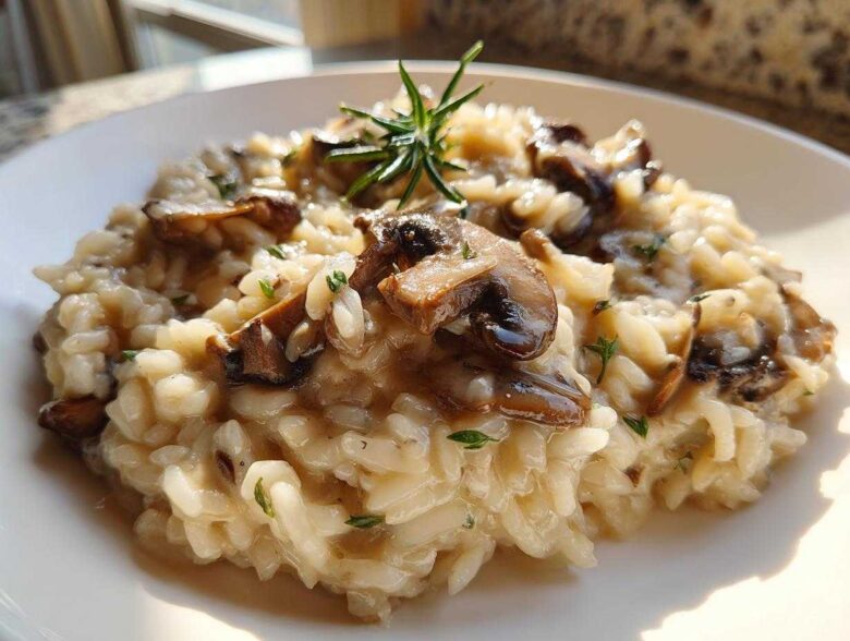 Close-up of creamy Instant Pot Creamy Mushroom Risotto topped with sautéed mushrooms and rosemary.