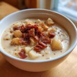 Close-up of a white bowl filled with Instant Pot Creamy Potato Soup with Bacon and croutons.