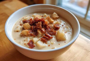 Close-up of a white bowl filled with Instant Pot Creamy Potato Soup with Bacon and croutons.
