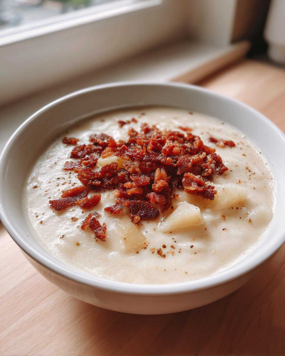 A bowl of Instant Pot Creamy Potato Soup with Bacon bits and visible potato chunks.