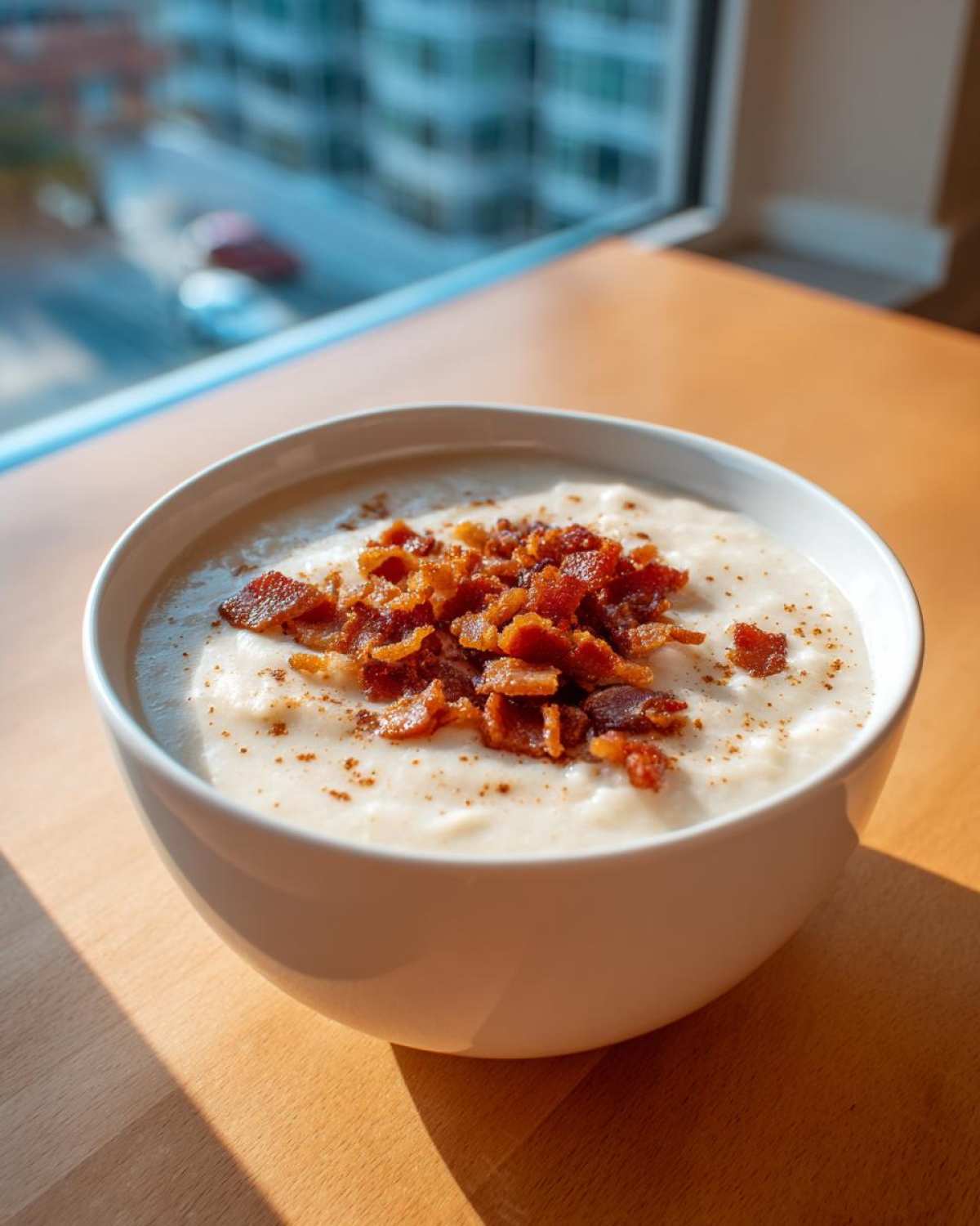 A white bowl filled with Instant Pot Creamy Potato Soup with Bacon crumbles on top.