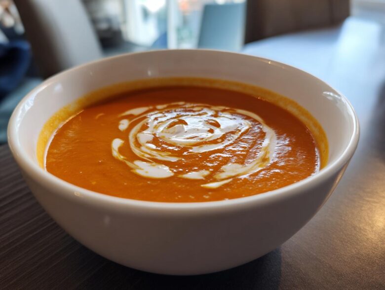 A close-up of a white bowl filled with vibrant orange Instant Pot Creamy Tomato Bisque, swirled with cream on top.