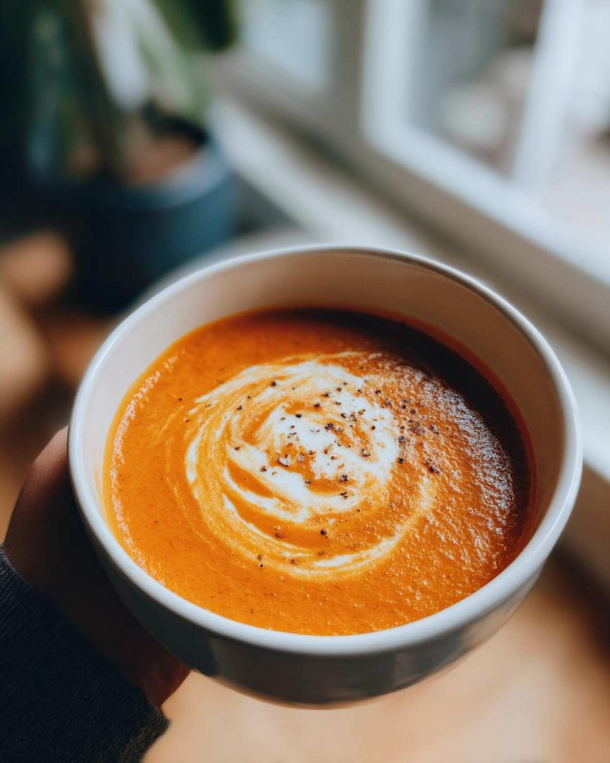 Close-up of a white bowl filled with vibrant orange Instant Pot Creamy Tomato Bisque, topped with a swirl of cream and cracked black pepper.